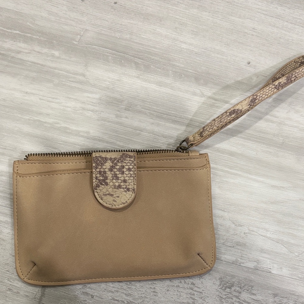 Tan Leather Clutch with Snakeskin Accent